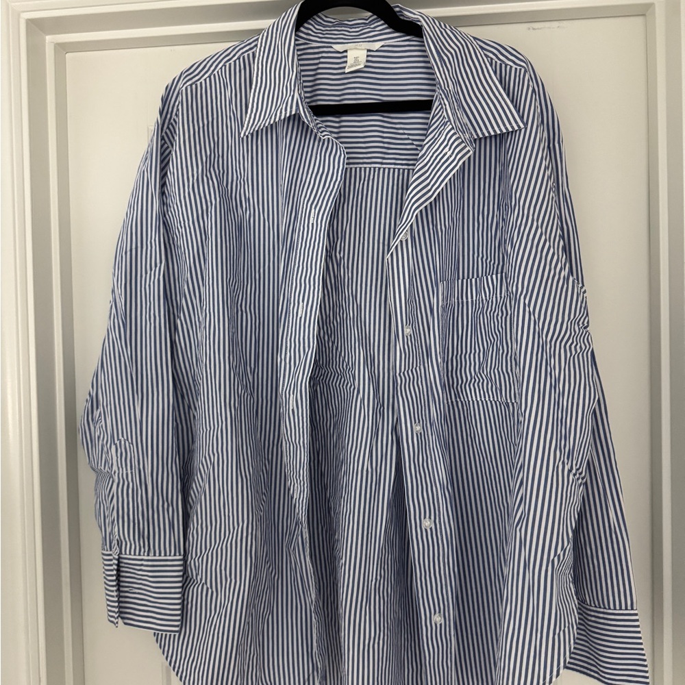 H&M Blue Striped Women's Oversized Boyfriend Button Down Shirt